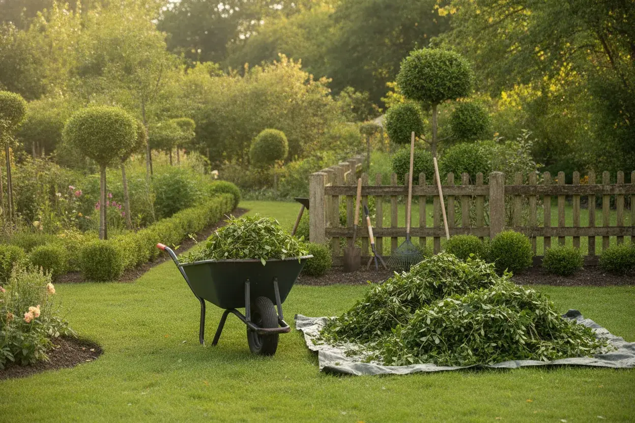 Gepflegter Garten mit Schubkarre und aufgehäuftem Grünschnitt nach professioneller Gartenpflege