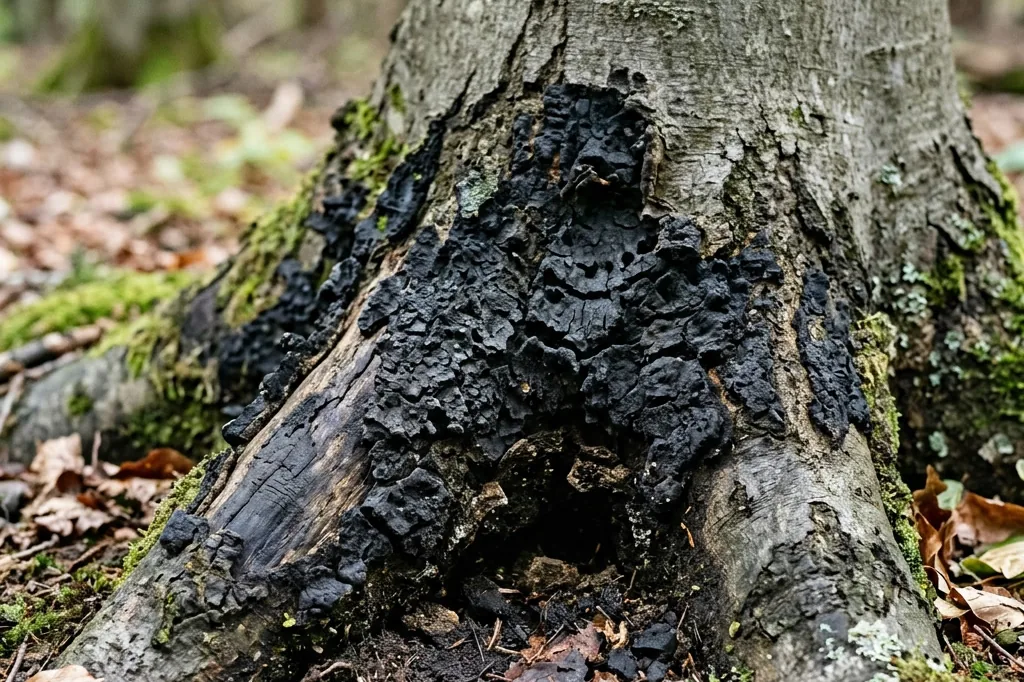 Schwarze, krustige Beläge des Brandkrustenpilzes am Stammfuß einer Buche