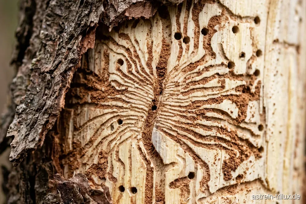 Fichtenrinde mit Brutgängen des Borkenkäfers und braunem Bohrmehl