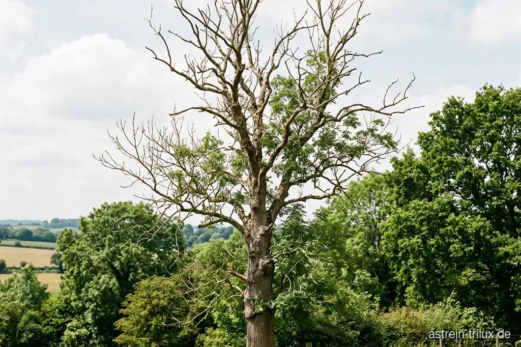 Esche mit lichter Krone, welken Trieben und absterbenden Ästen (Eschentriebsterben)