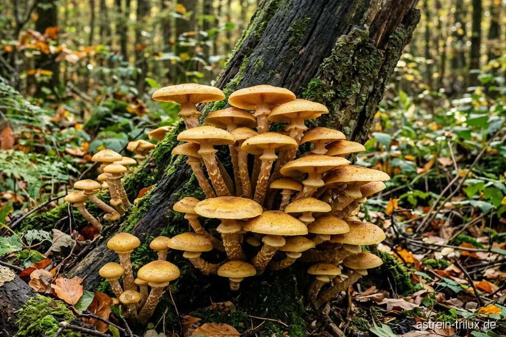 Honiggelbe Pilzbüschel des Hallimasch am Stammfuß eines Baums