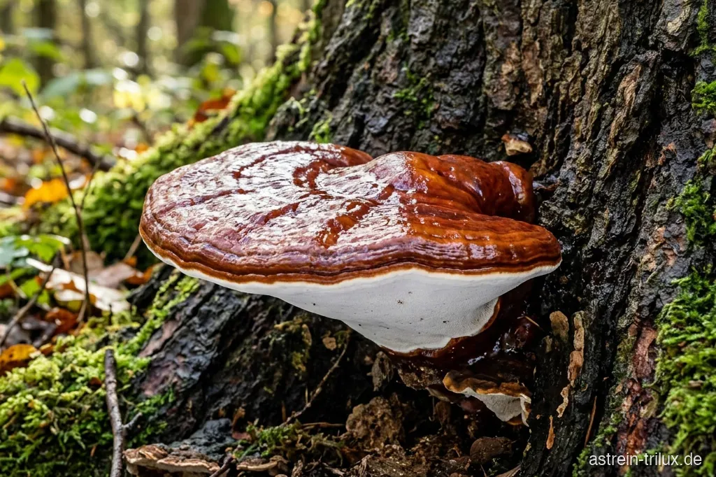 Lackglänzender, rotbrauner Konsolenpilz (Ganoderma) am Stammfuß eines Laubbaums