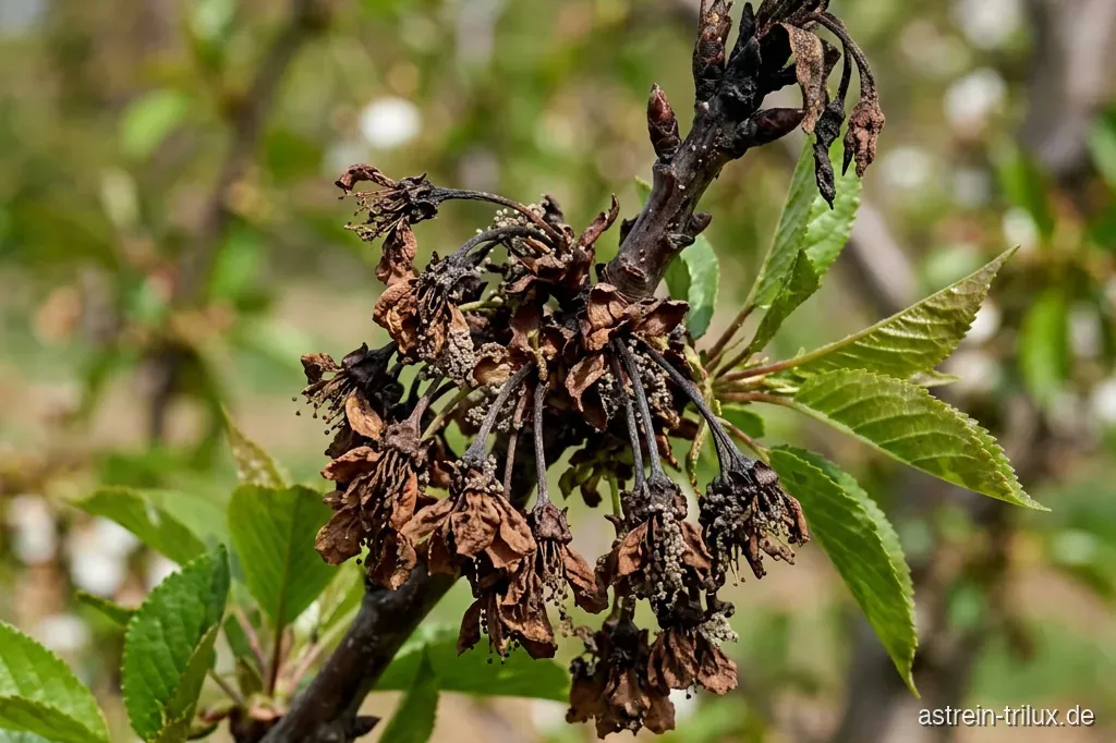 Schlagartig welke, braune Blüten und Triebspitzen an einem Kirschzweig (Monilia)