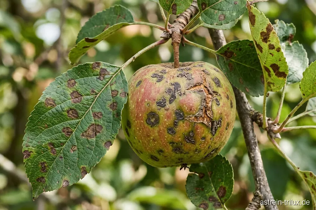 Apfel und Blätter mit dunklen, rissigen olivbraunen Schorfflecken