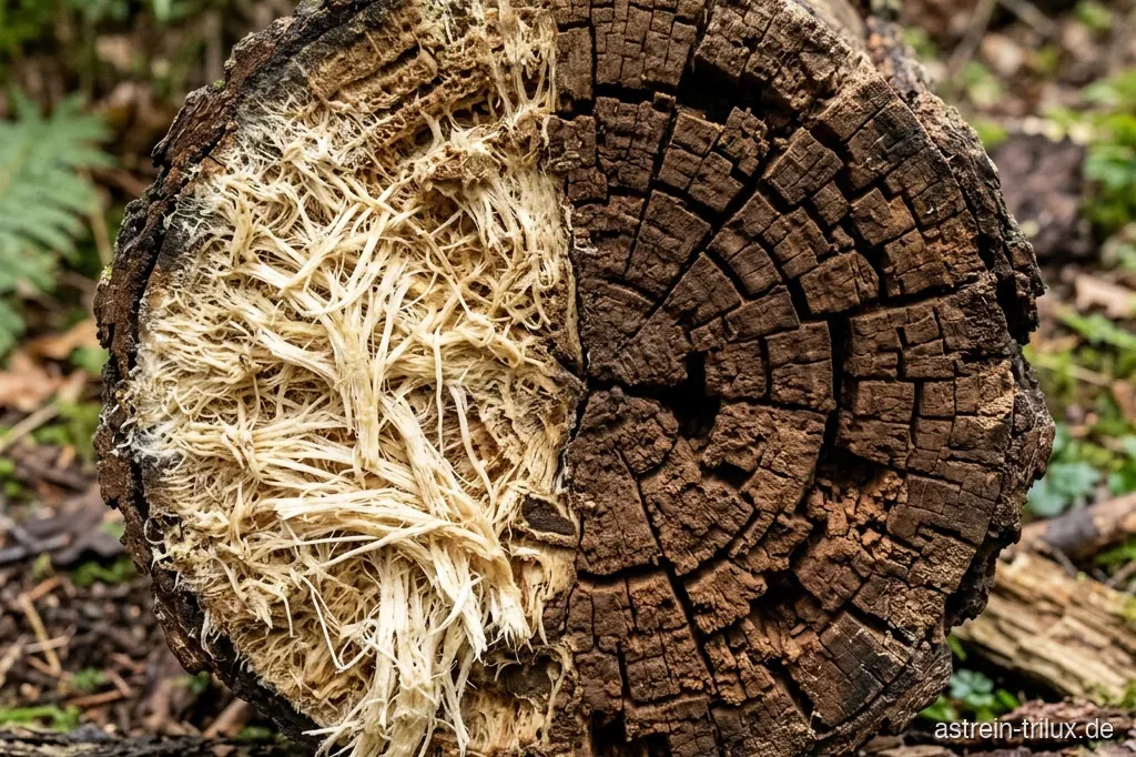 Querschnitt durch morsches Holz mit hellem, faserigem und braunem, würfeligem Zerfall